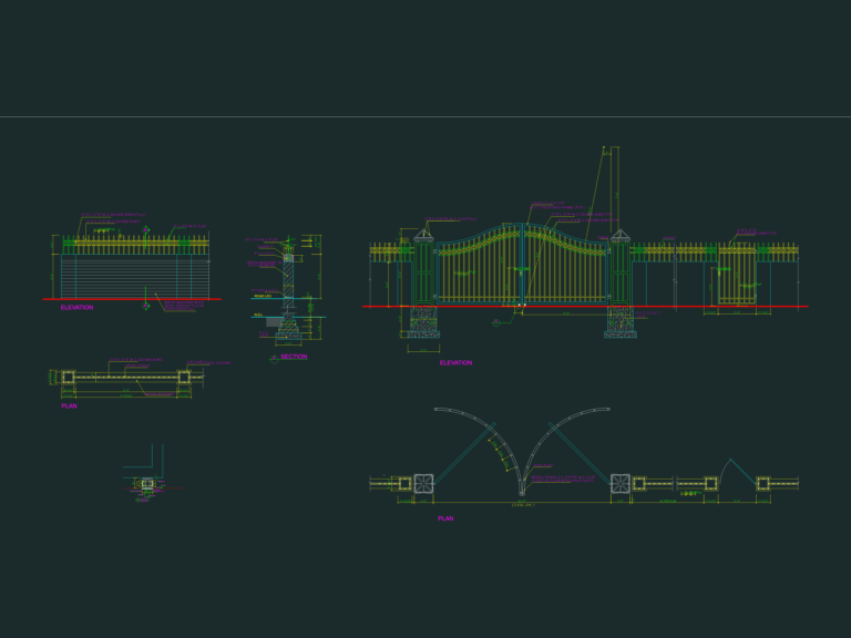 CAD drawing of a steel main gate showing elevation, plan, and cross-section details.