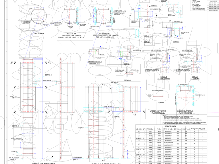 Detailed CAD drawing of steel ladders showing elevations, sections, and hoop details.