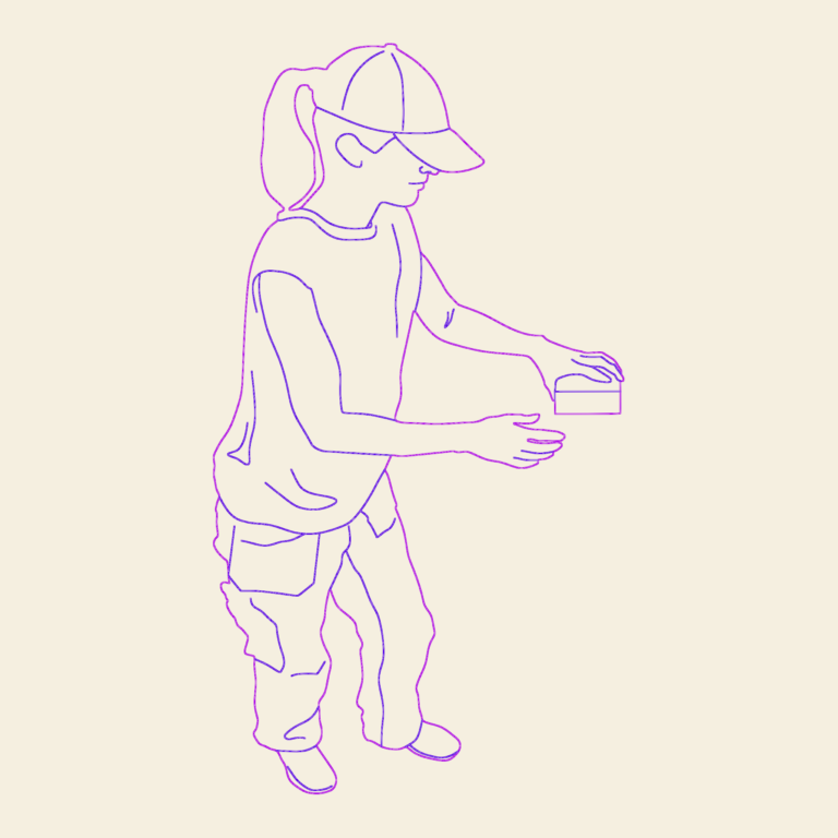 Line drawing silhouette of a woman in work clothes laying a brick.