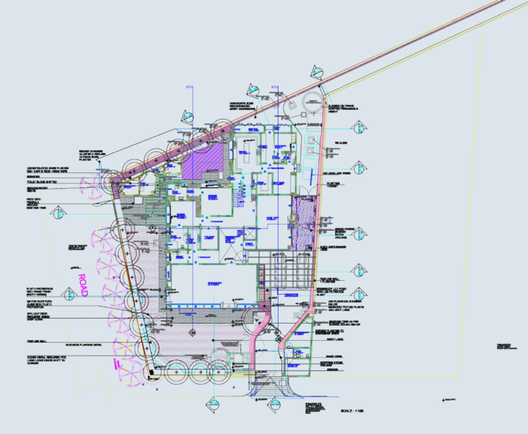CAD landscape plan showing roadside planting layouts, planter bed details, and sections.