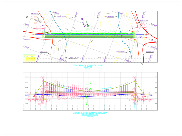 Plan and elevation views of a suspension bridge over a river with topographical data.