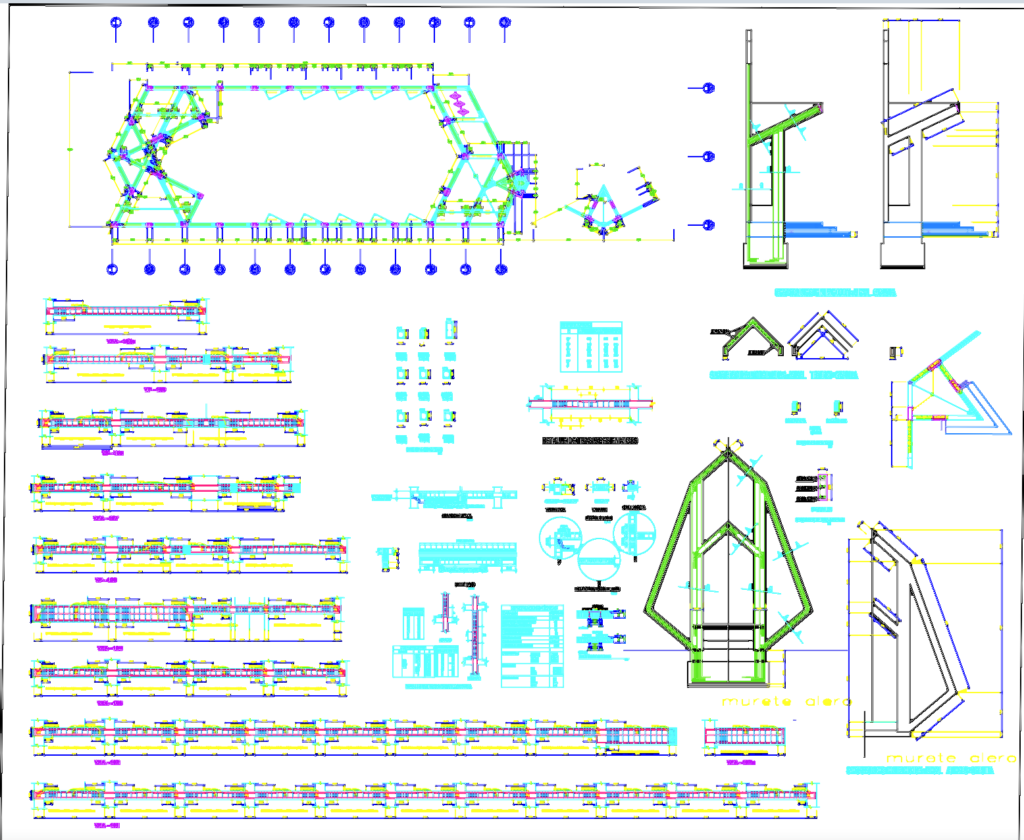 Structural CAD drawing showing beam sections, column reinforcement details, and technical specifications for a chapel.