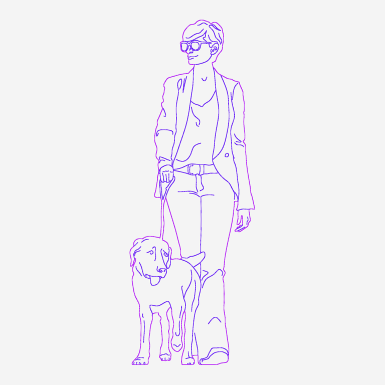 2D CAD silhouette of a woman wearing sunglasses and walking a dog.