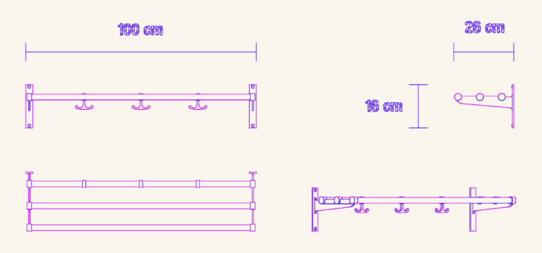 Front elevation drawing of a Nostalgi classic wall-mounted hat rack with three horizontal rails.