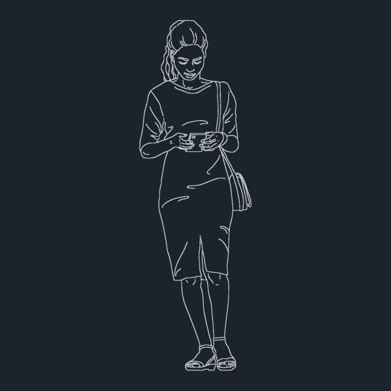 Outline drawing of a woman in a dress walking and looking at a smartphone.