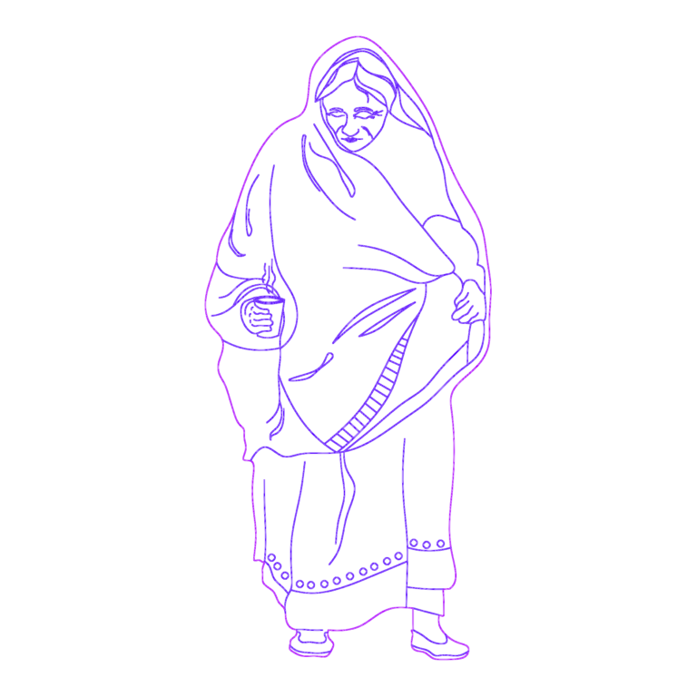 Elevation view CAD drawing of an elderly woman wrapped in a shawl holding a steaming cup.