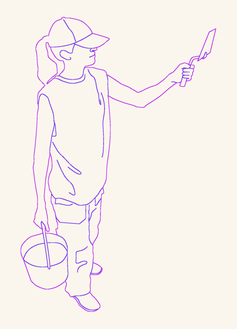 Silhouette of a builder in a cap holding a masonry trowel and a bucket.