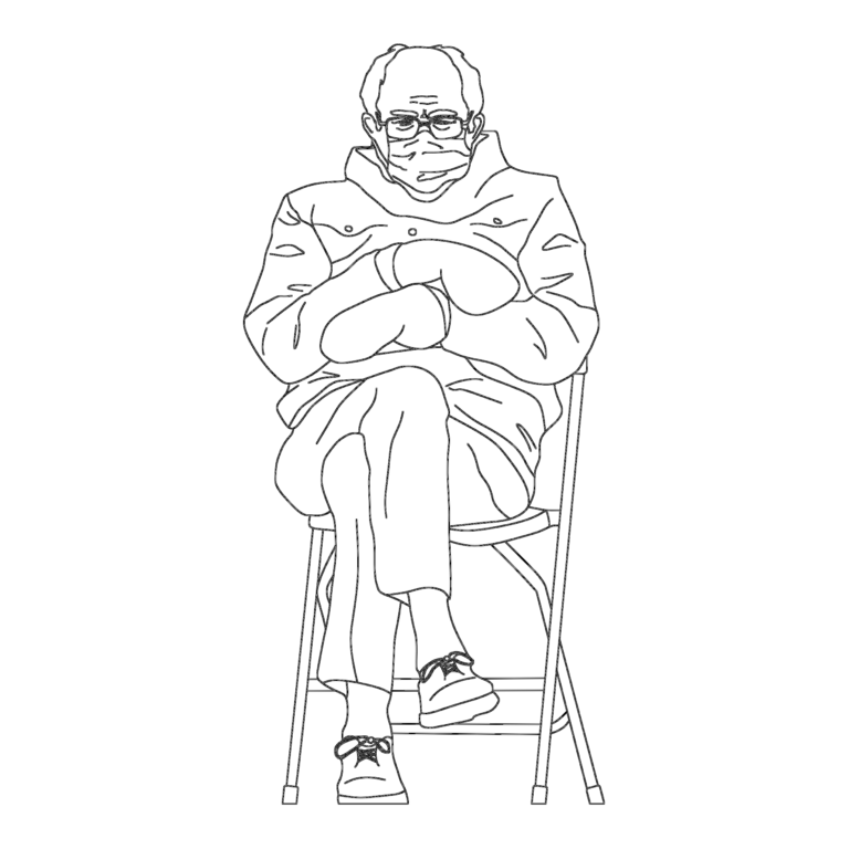 CAD drawing of a man sitting in a folding chair wearing a mask and large mittens in front elevation.