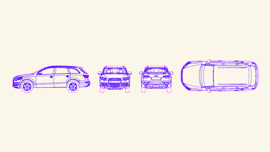 2D line drawing elevations of an Audi Q7 SUV showing side, front, and rear views.