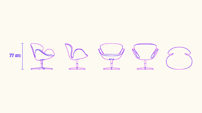 Multi-view elevations of the Arne Jacobsen Swan Chair showing the swivel base and curved shell design.