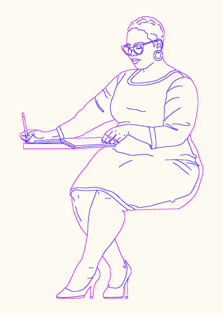 2D outline of a woman sitting and writing in a notebook, side elevation view.
