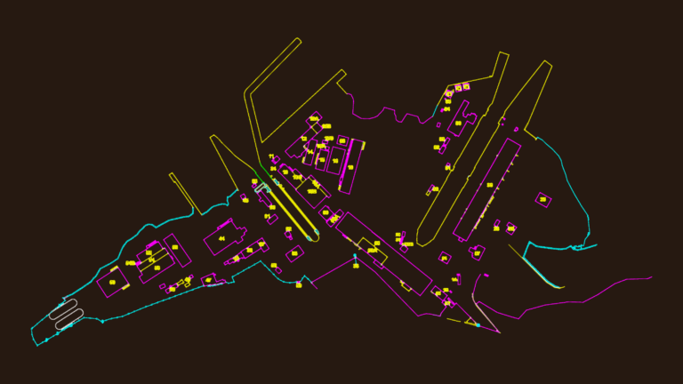 CAD site plan of an industrial port facility featuring building footprints, piers, and dry dock areas.