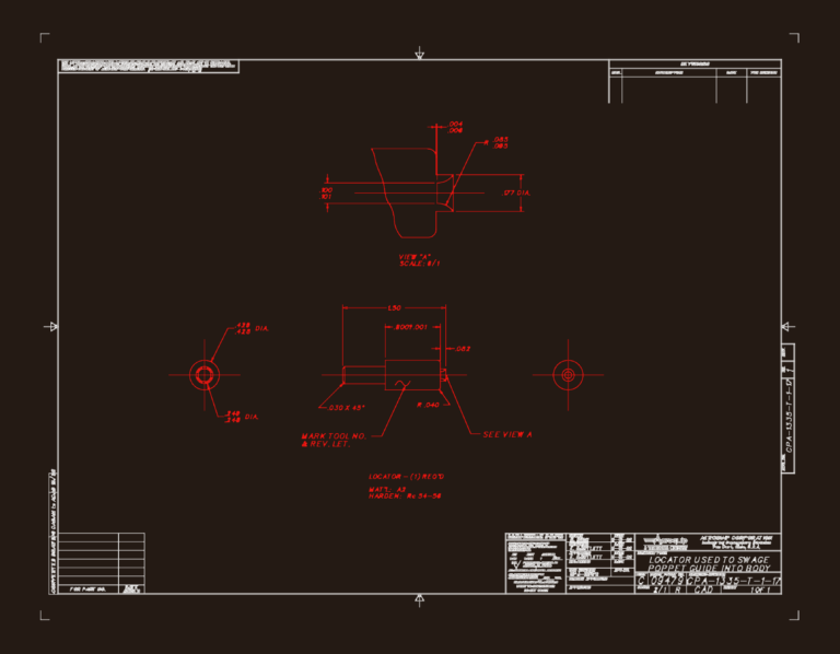 CAD technical drawing of an Aeroquip swaging tool locator with dimensions and material specifications.
