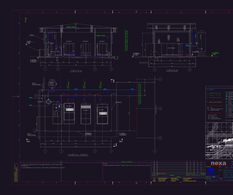 CAD drawing of an industrial compressed air piping layout with section views and equipment details.
