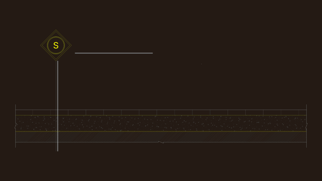 Technical section drawing of a garage floor structure with plastic tile finish and concrete base.