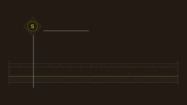 Technical section drawing of a garage floor structure with plastic tile finish and concrete base.