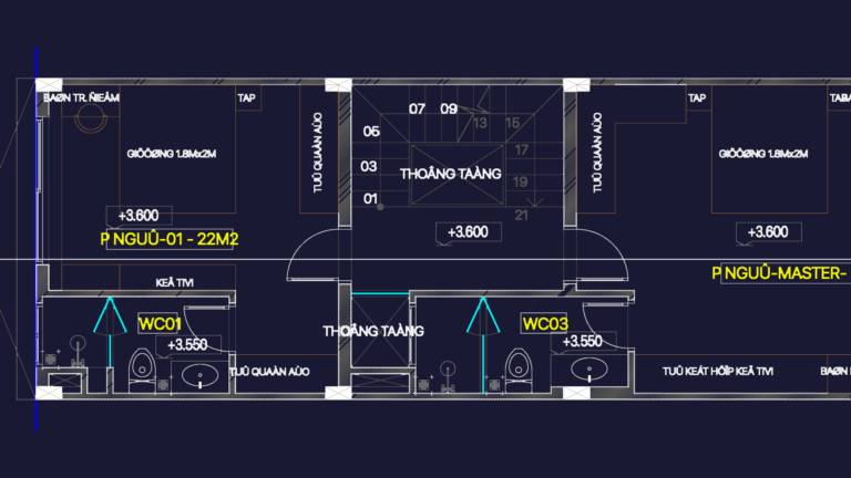 Architectural floor plan of a 3-story residence with room layouts, staircase details, and metric dimensions.
