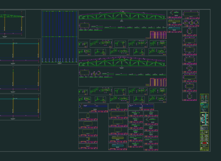 Structural CAD drawing of a steel building showing isometric views, foundation layouts, and detailed truss sections.
