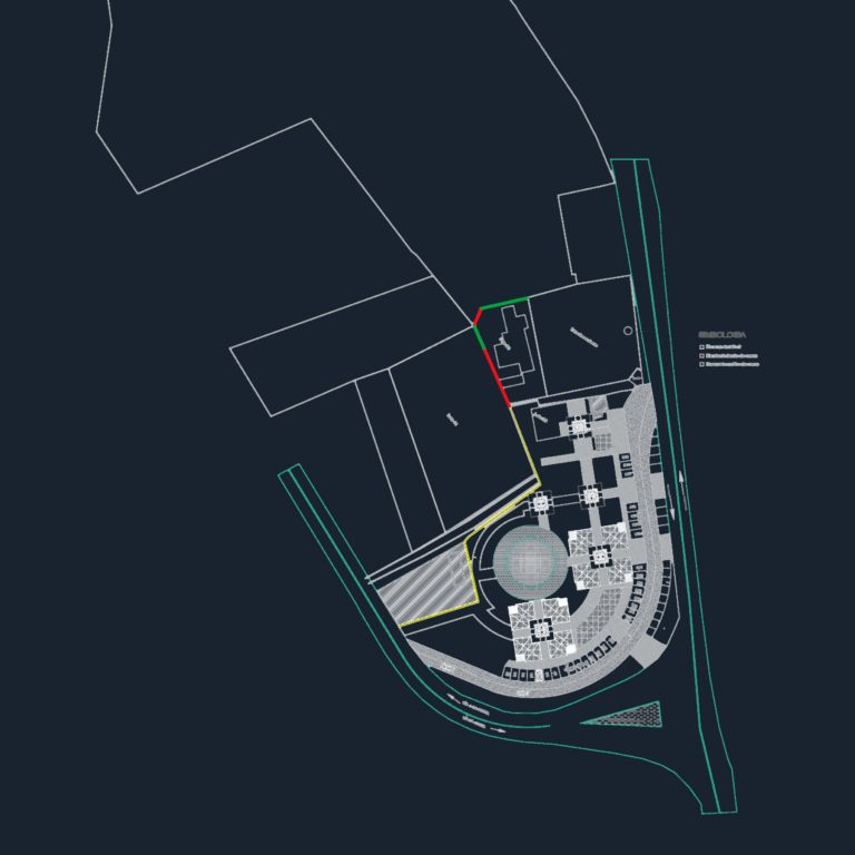 Top view CAD site plan showing lot divisions, parking layout, and wall enclosure details for a development project.