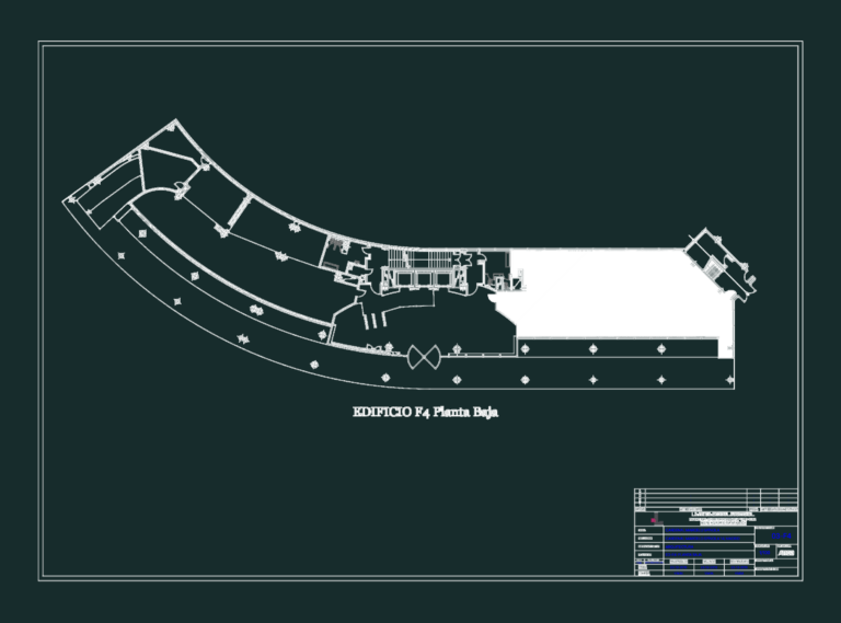 Architectural floor plan of Building F4 ground floor featuring a curved layout and structural partitions.