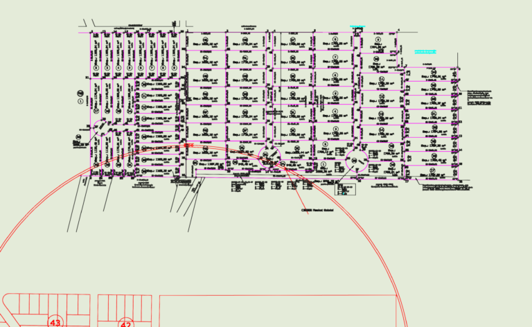 Detailed technical land survey and parcel layout for an urban subdivision.