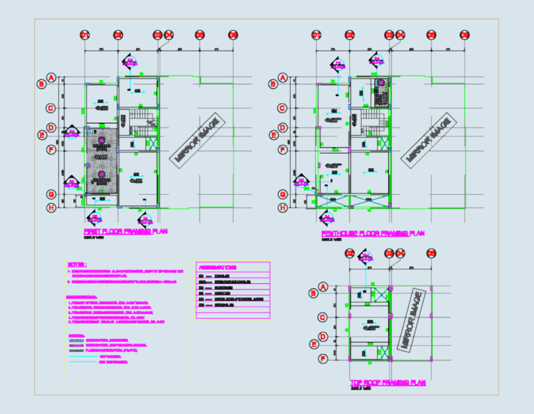Structural framing layouts for first floor, penthouse, and roof of a modern duplex villa with section details.
