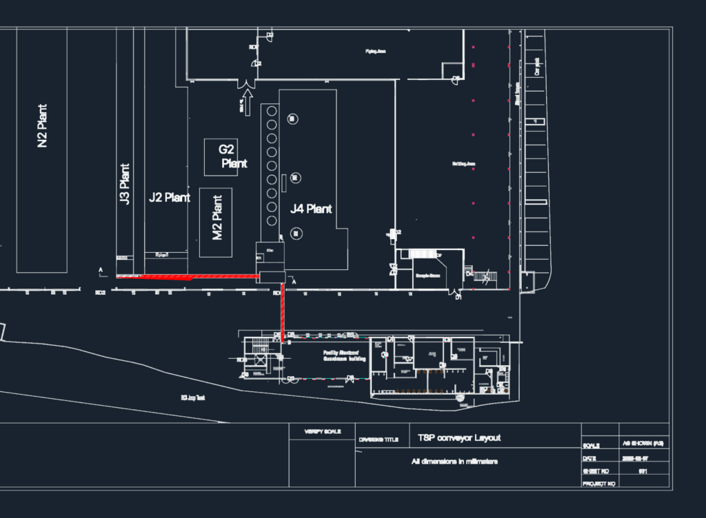 Industrial plant layout showing conveyor systems across multiple plant areas and a facility building plan.