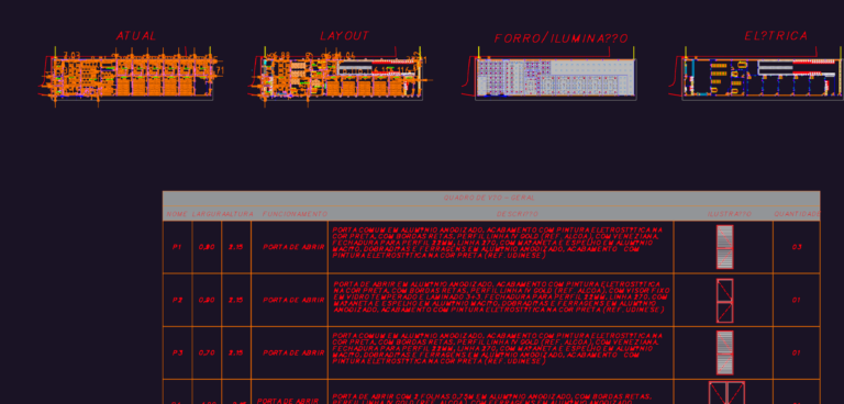 Four floor plans for a transport facility showing layout, lighting, and electrical systems with a window schedule.