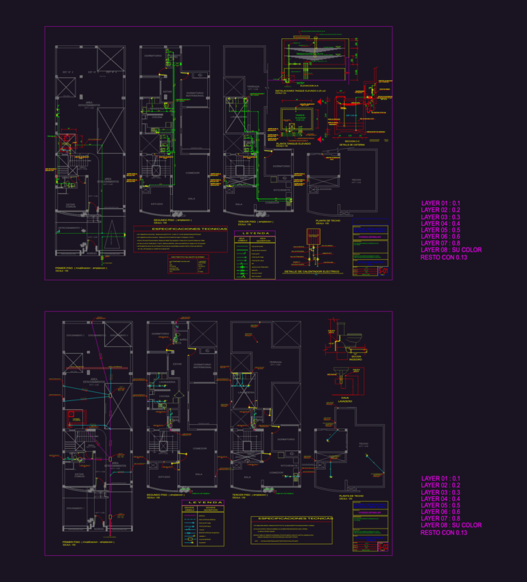 CAD layout for residential plumbing and drainage systems showing cistern and water heater details.