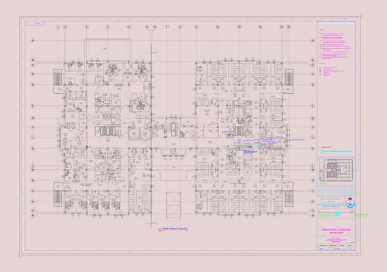 Mechanical floor plan showing LPG piping and leak detection layout for a hospital first floor.