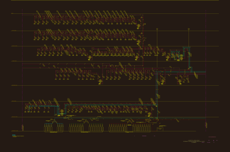 CAD schematic showing medical gas riser pipes and cylinder manifolds across multiple hospital floors.
