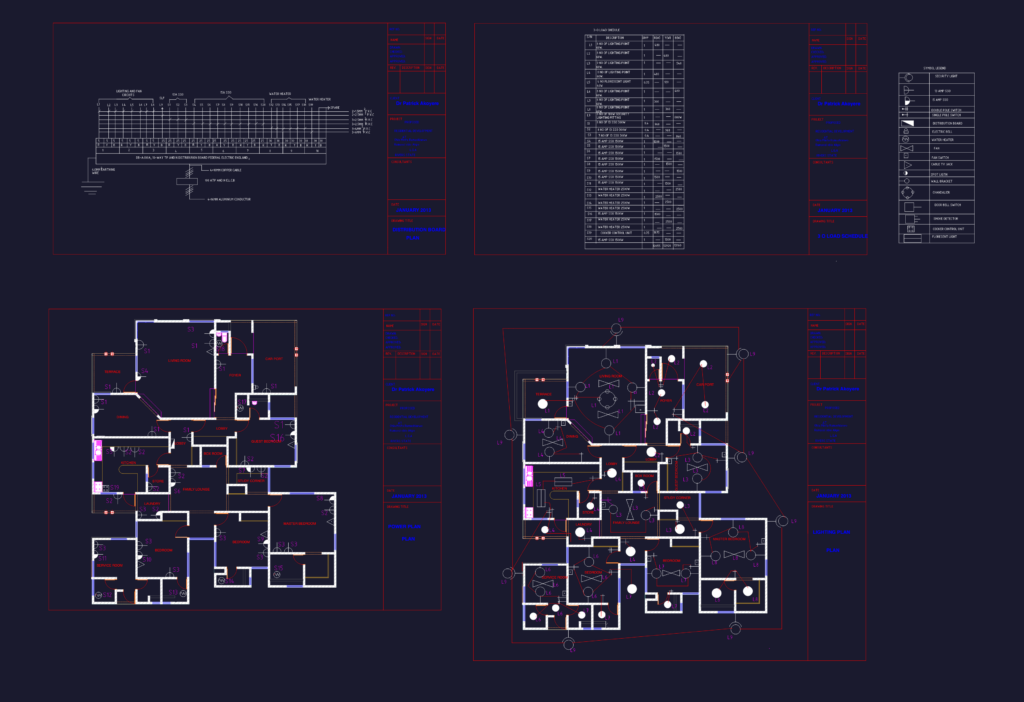AutoCAD electrical drawing showing a residential floor plan with lighting symbols and wiring layouts.