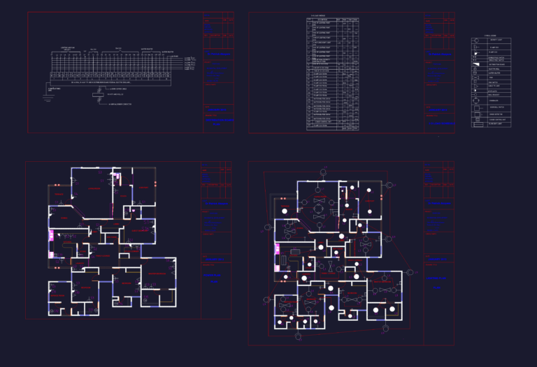 AutoCAD electrical drawing showing a residential floor plan with lighting symbols and wiring layouts.