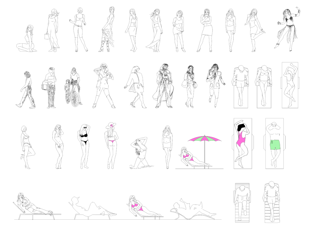 2D CAD silhouettes of people sunbathing, walking, and biking in beach settings.