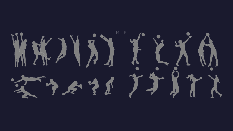 People playing volleyball silhouettes in various action poses