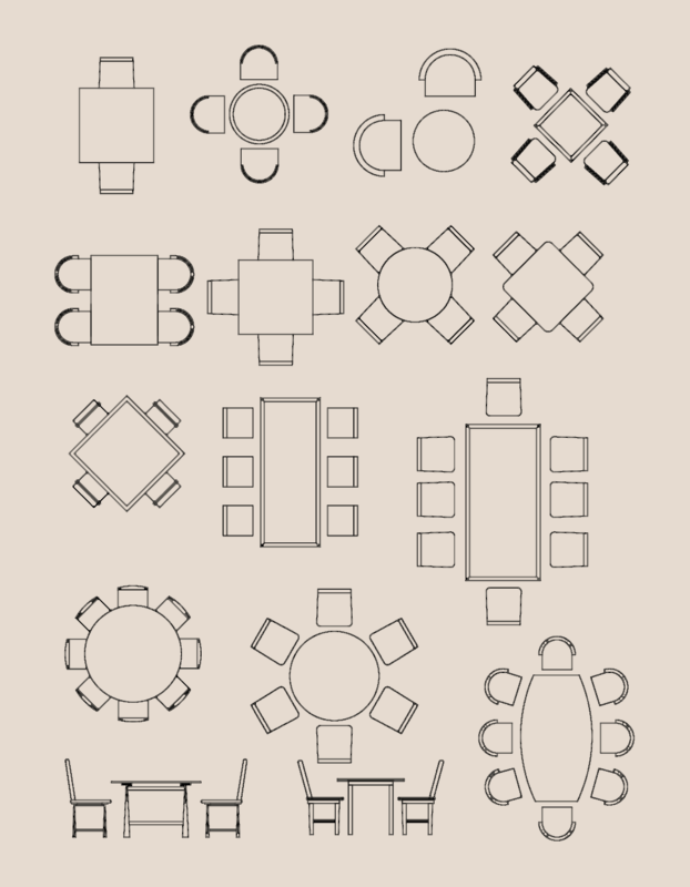 Various dining tables in plan and elevation view