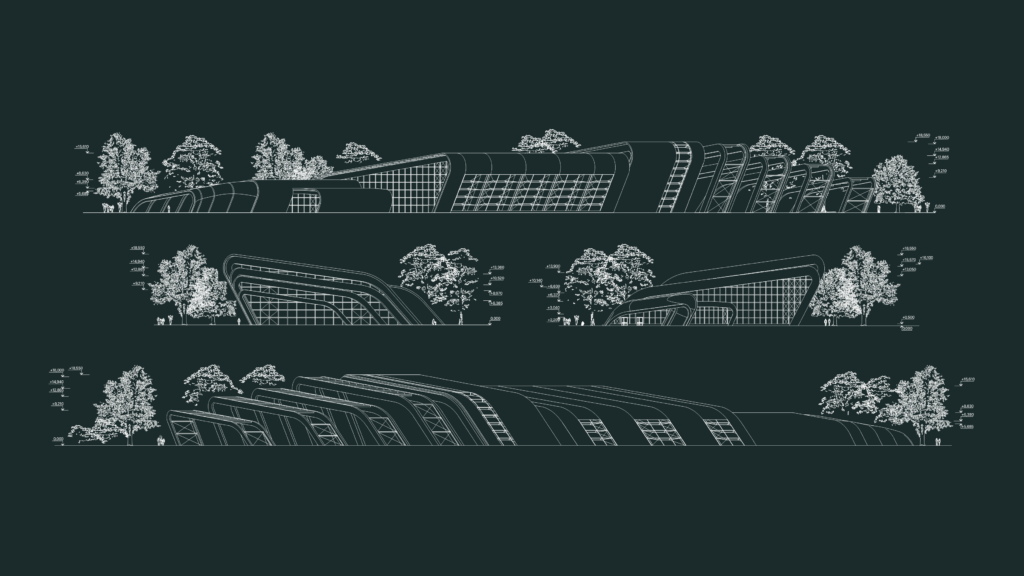Detailed CAD elevations of a modern organic-shaped swimming pool complex with landscaping and level markers.