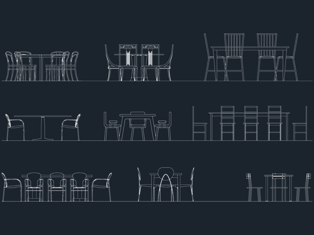 2D elevation drawings of various dining table and chair sets.