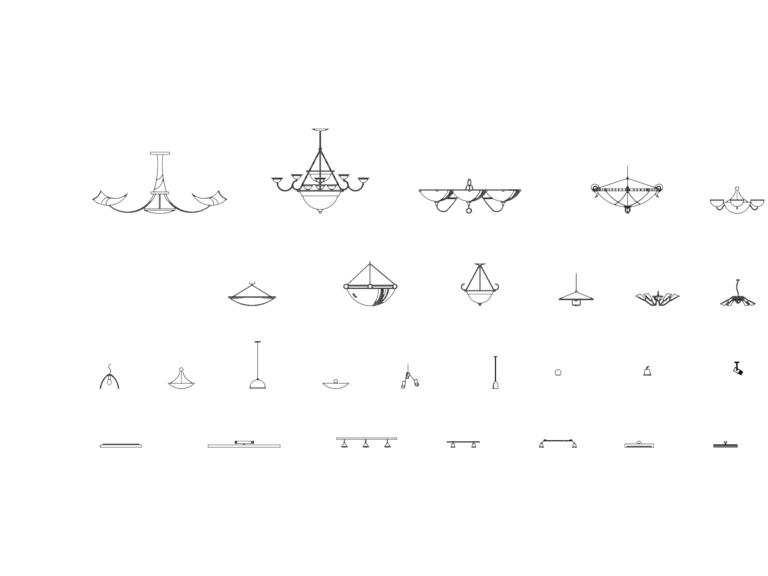 CAD blocks showing elevation views of various chandeliers, pendant lights, and ceiling fixtures.
