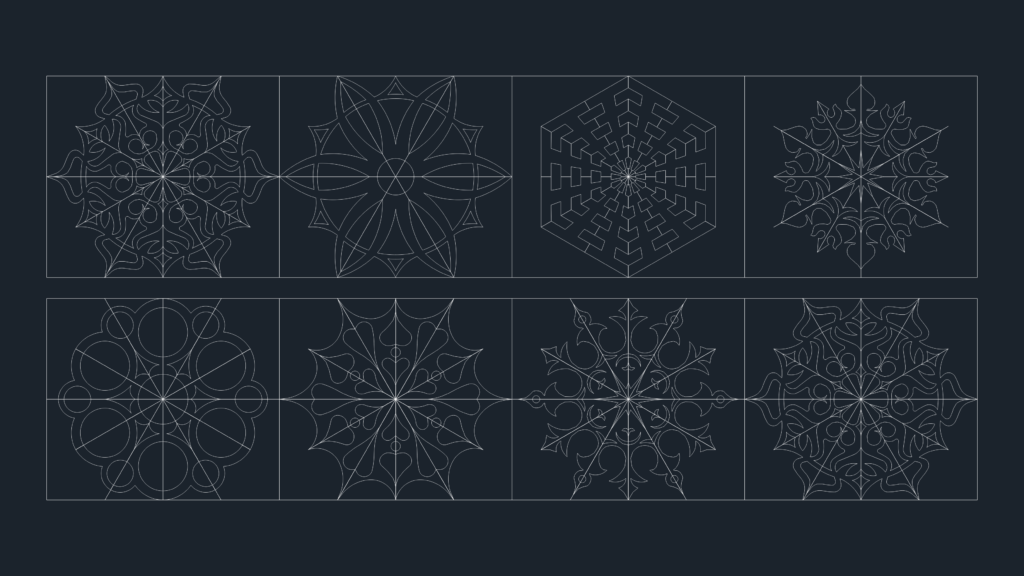 Eight different geometric snowflake patterns in a 2x4 grid layout.