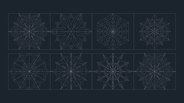 Eight different geometric snowflake patterns in a 2x4 grid layout.