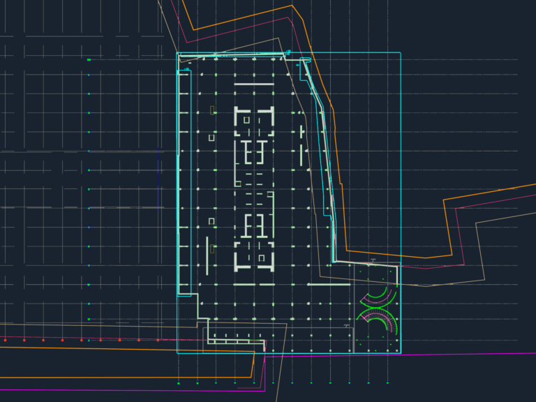 CAD drawing showing grid lines and column layout for a basement level parking structure.