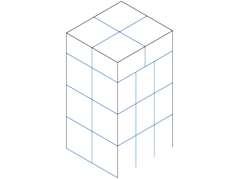 Isometric wireframe diagram of a warehouse pallet storage distribution grid.