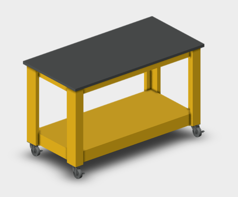 Wireframe 3D top view of a rectangular laboratory desk with four corner casters.