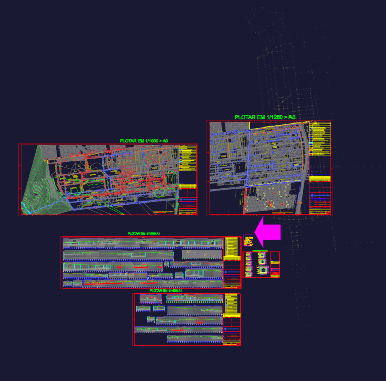 Technical CAD layout of a city drainage network including manholes, galleries, and street-level catch basins.