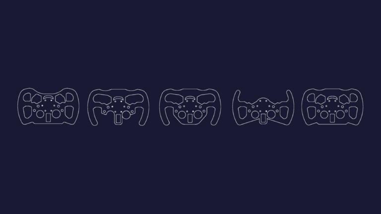 Outline drawings of five formula-style steering wheel plate templates for sim racing DIY projects.