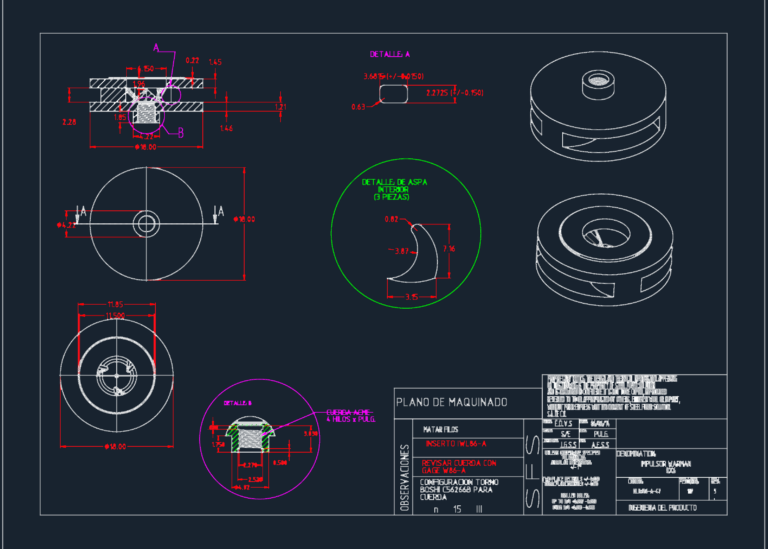 Technical drawing of a Warman 8x6 impeller with machining dimensions, sections, and isometric views.