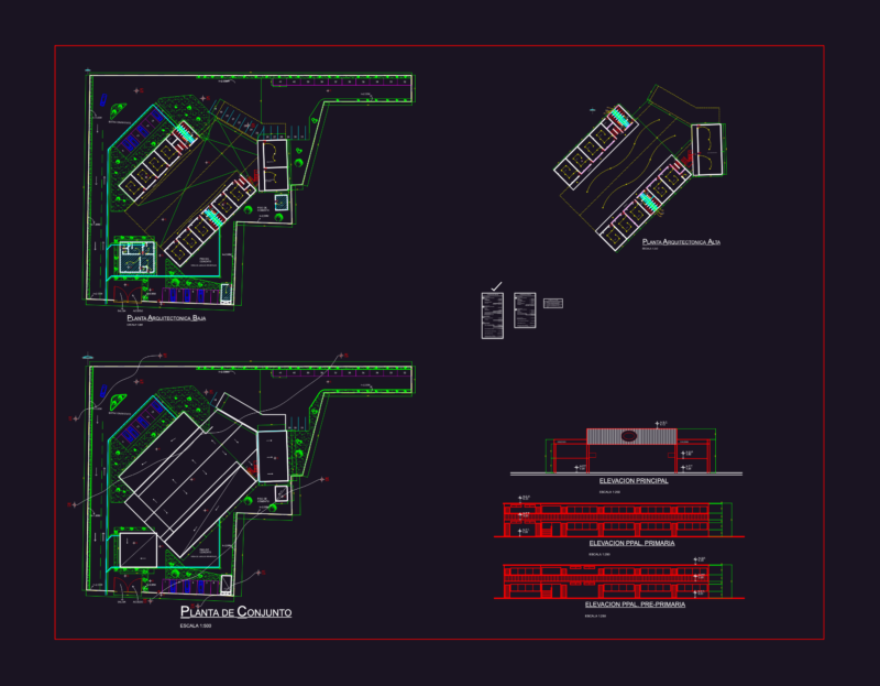 School Building Architectural Plans with Elevations and Site Layout