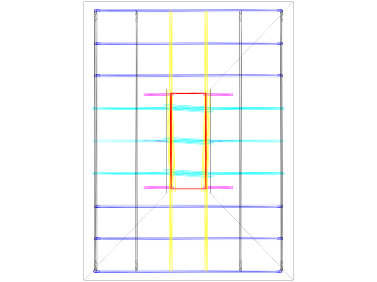 3D wireframe top view of a raft foundation showing rebar reinforcement layout and column starter bars.