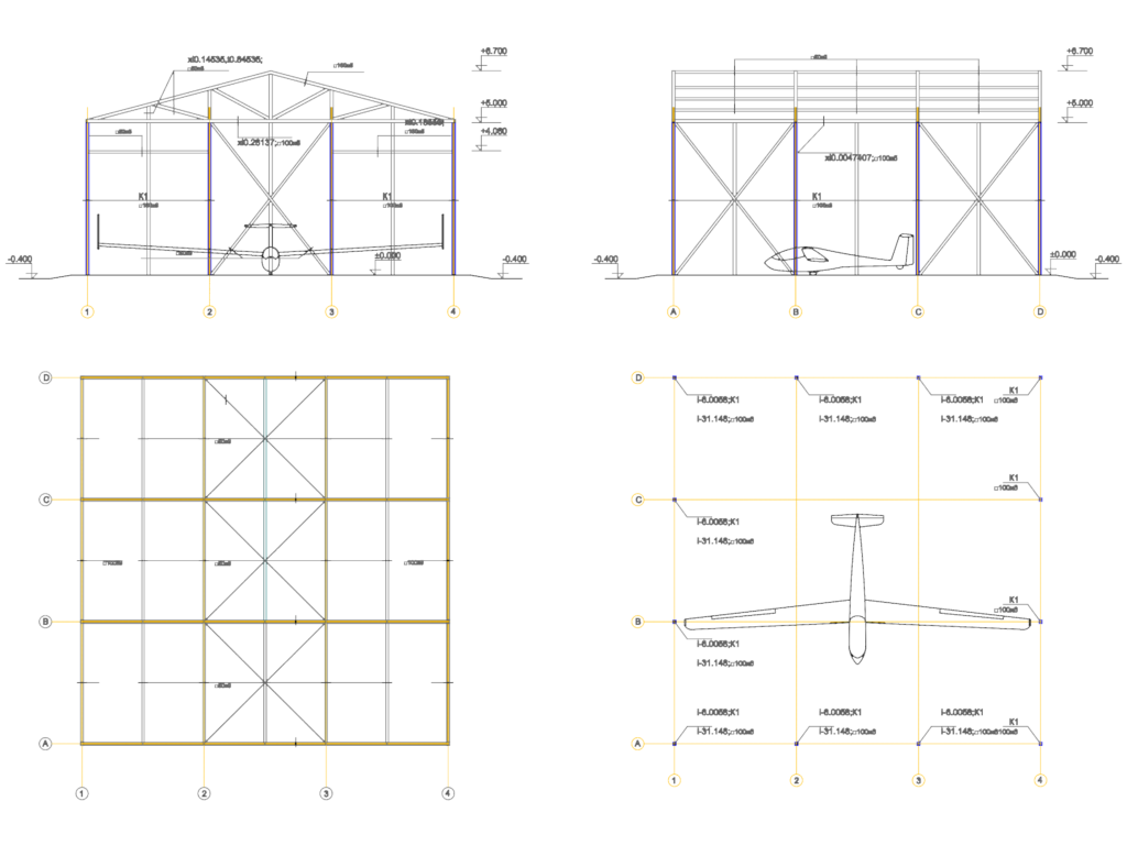 Technical CAD drawing of a steel glider hangar showing front and side elevations with structural tube callouts.